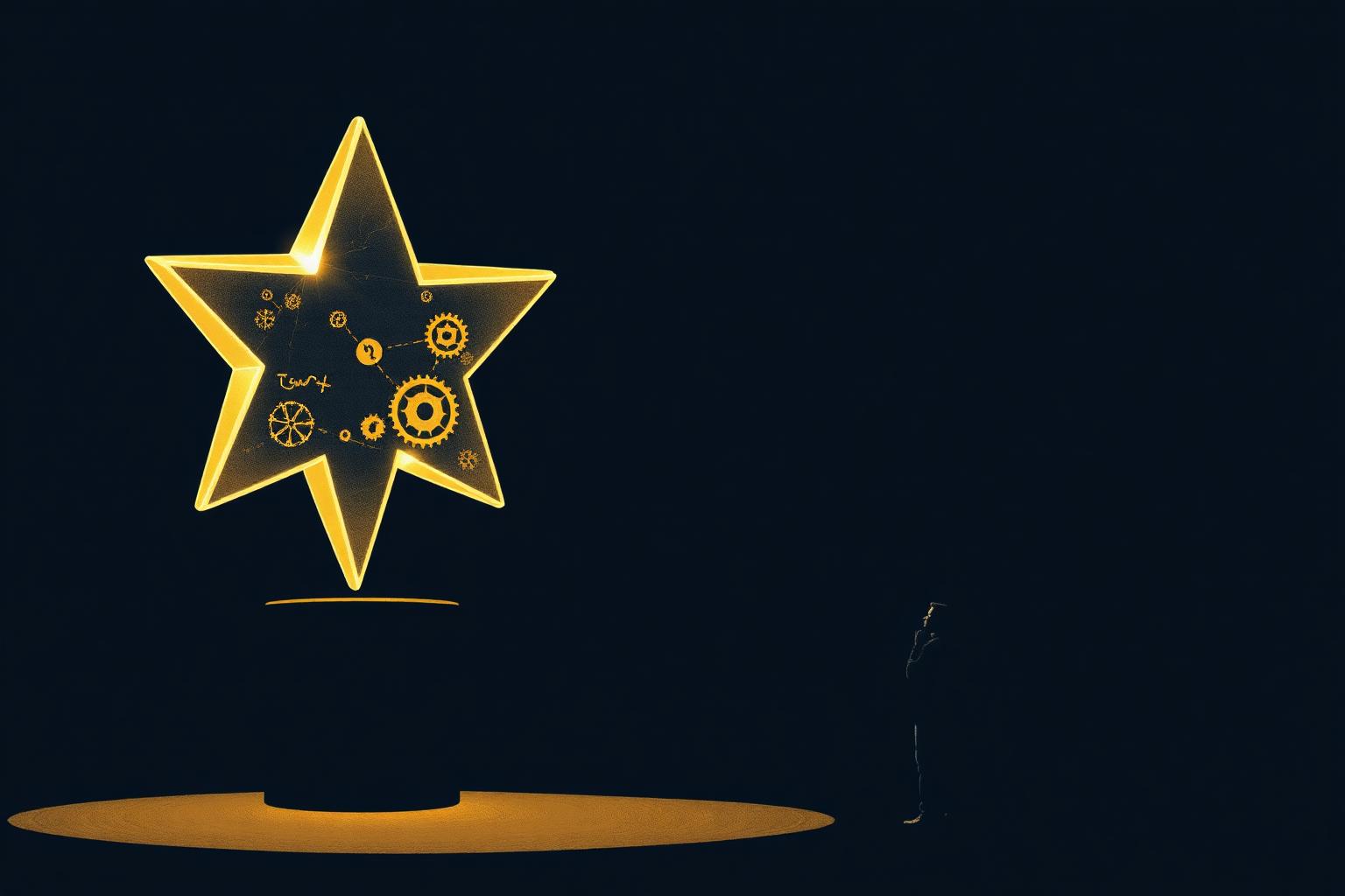 A large glowing translucent star on a pedestal with gears, thought bubbles and decision-tree branches visible inside, a silhouetted candidate studying it against a deep navy background.