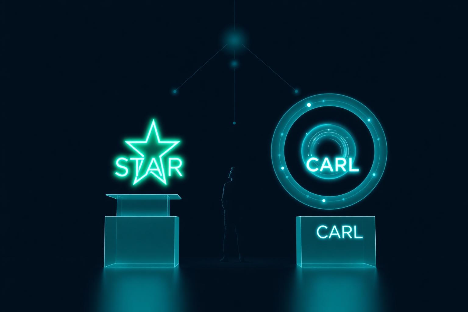 Two glowing translucent podiums on a deep navy background — a cyber-green STAR podium and an AI-cyan CARL podium — with a silhouetted candidate standing between them.