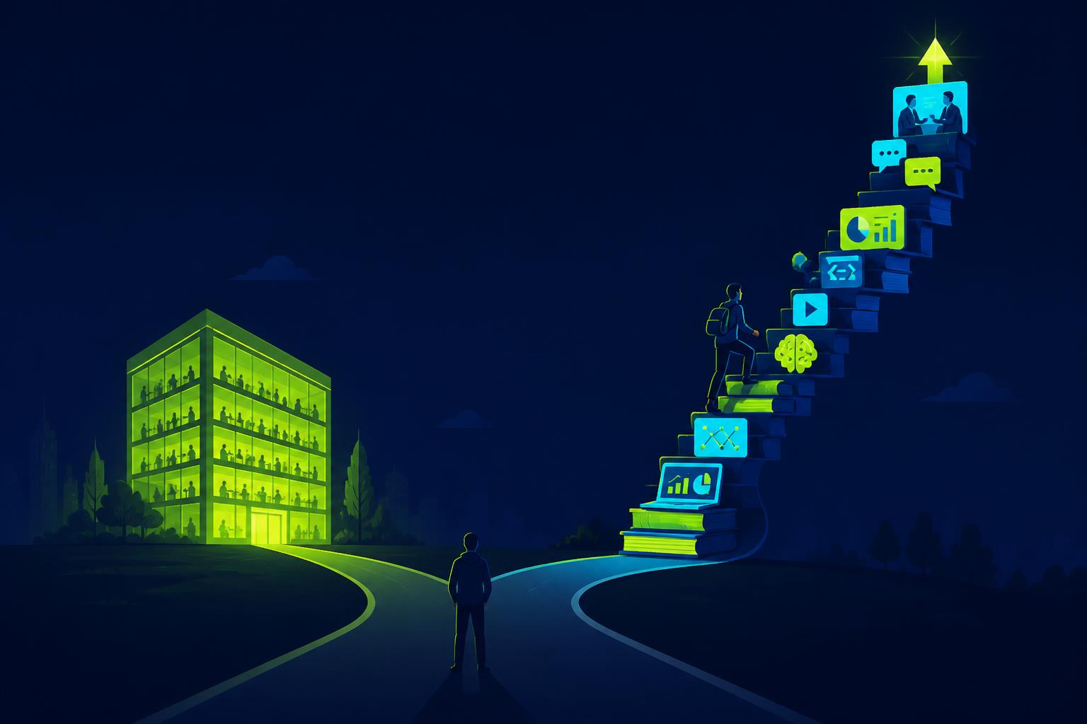 Editorial illustration on deep navy: a fork in the road — one path leads to a glowing office building of abstract silhouettes, the other to a person climbing a rising staircase built from books, conversations, projects, AI tools, presentations and interview reps that ascends above the building.