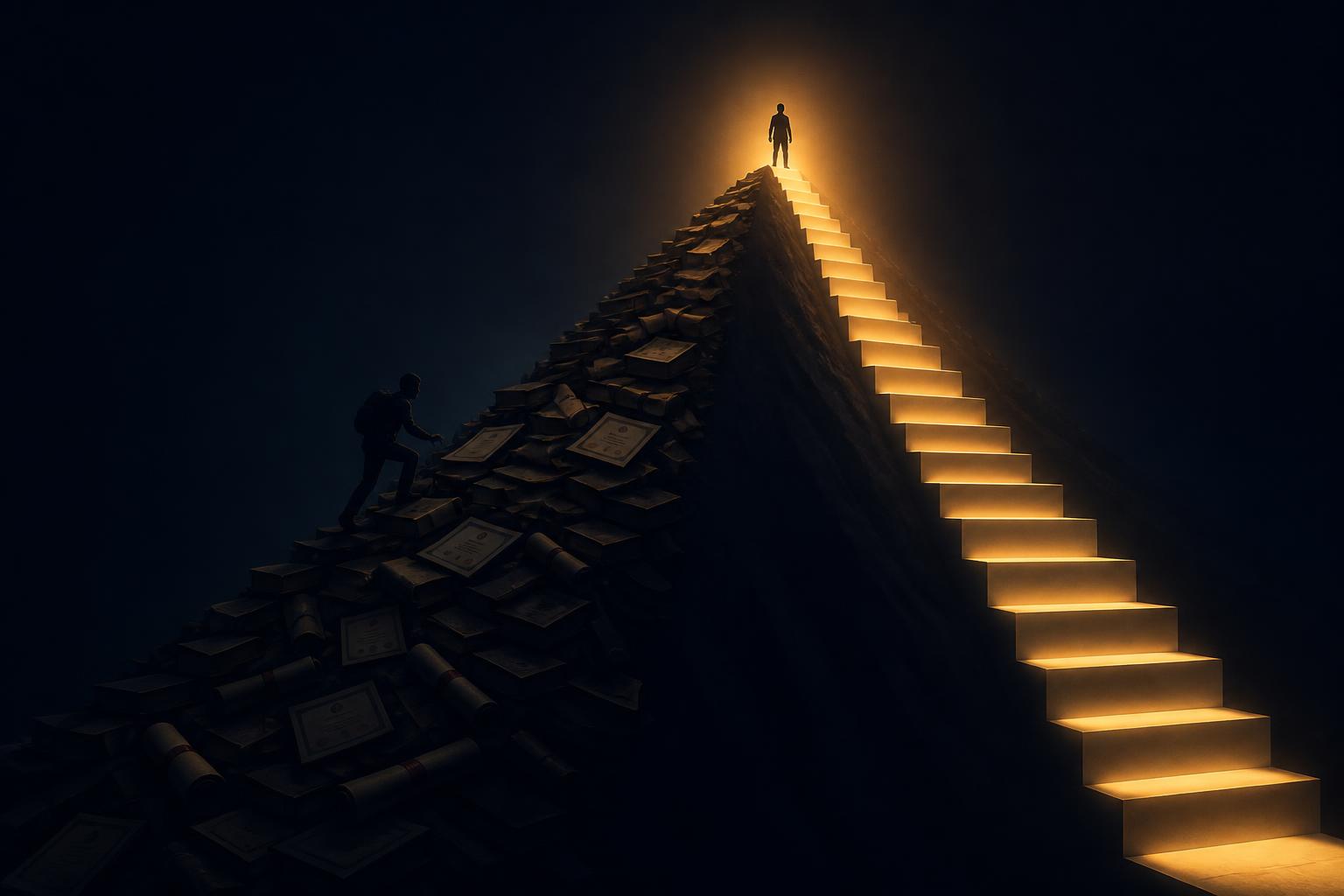 A silhouetted figure climbs a dark mountain made of stacked books and certificates while another figure stands at the glowing summit, having reached the top via a warmly lit staircase.