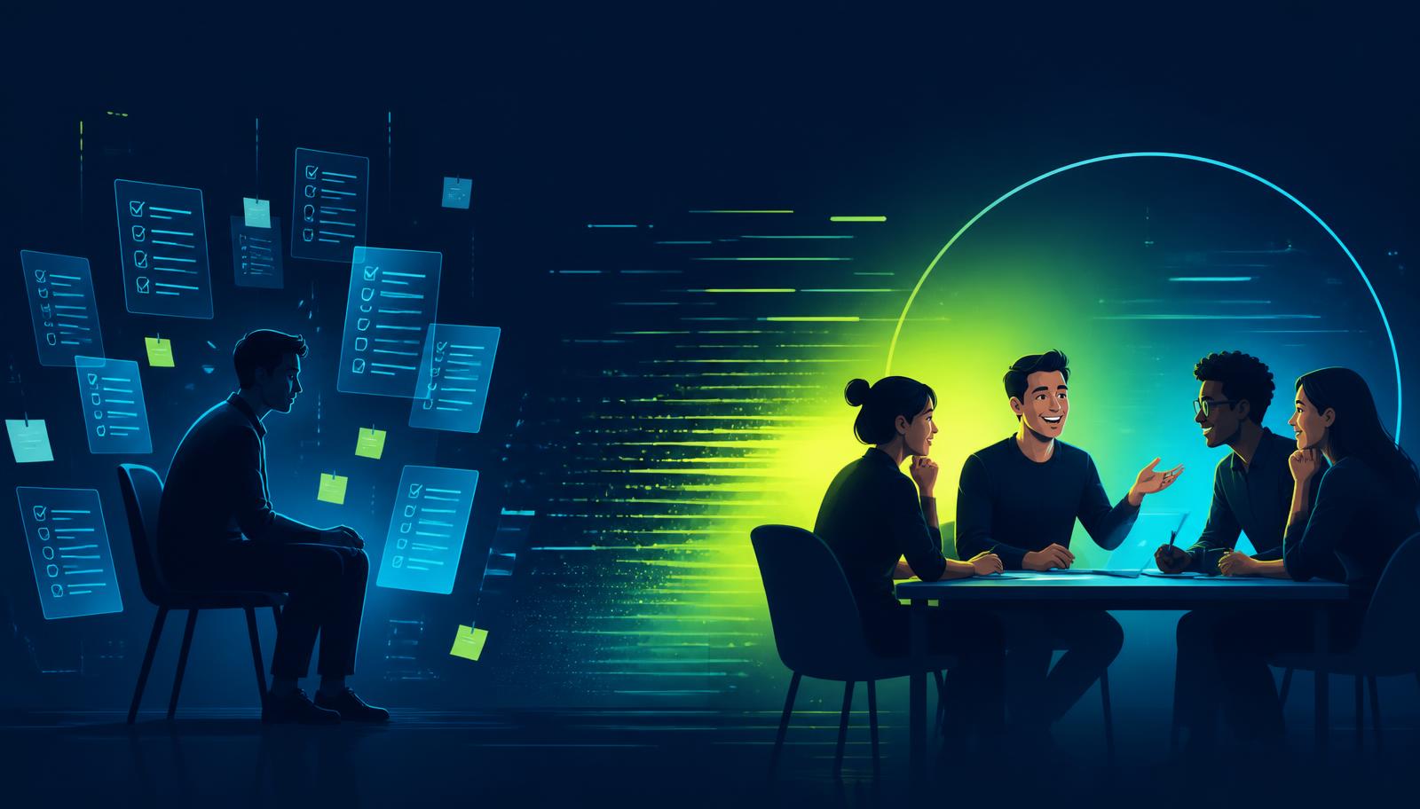 Split-screen editorial illustration on deep navy: on the left a nervous candidate sits stiffly among floating scripted notes and checklists, on the right the same person collaborates confidently with teammates around a table, with cyber-green and cyan light marking the transformation.