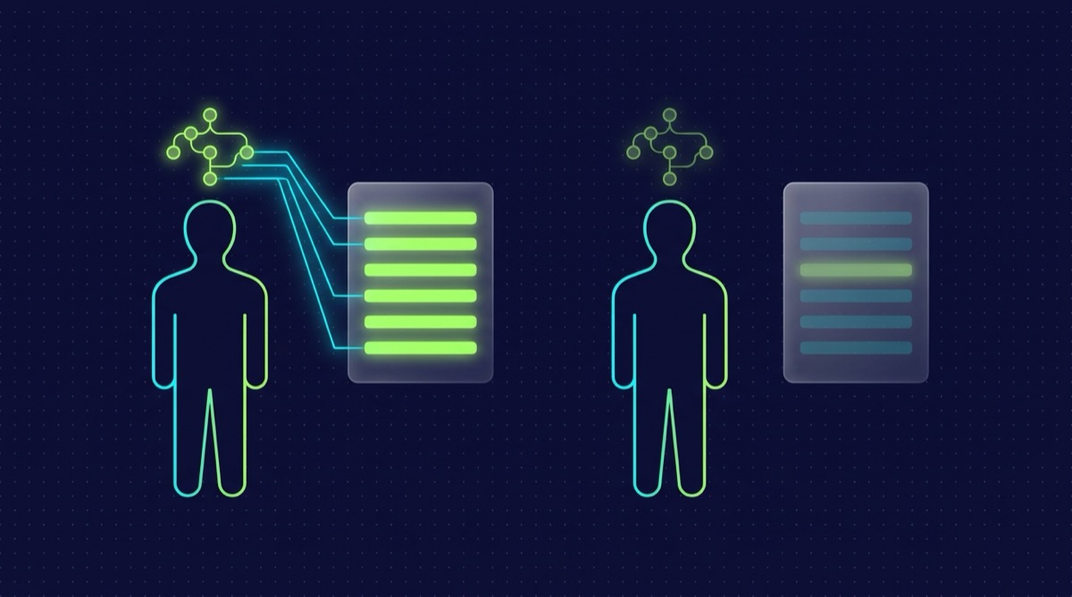 Editorial illustration on deep navy: two glowing outline human silhouettes side by side. The left figure has a small lime-green node cluster above its head connected by bright cyan lines to a glassmorphic panel showing five fully lit lime-green rows. The right figure has an identical node cluster with no connecting lines, beside a matching panel where only one faint row is lit among five dim ones.