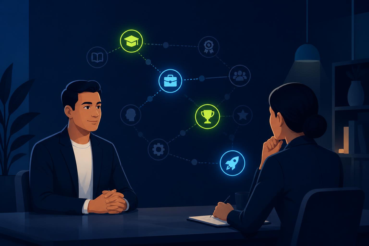 Editorial illustration on deep navy: a young professional sits across from an interviewer while a pathway of professional milestones — education, experience, achievements, skills and future direction — connects them, with only the most relevant milestones highlighted in cyber green and cyan.
