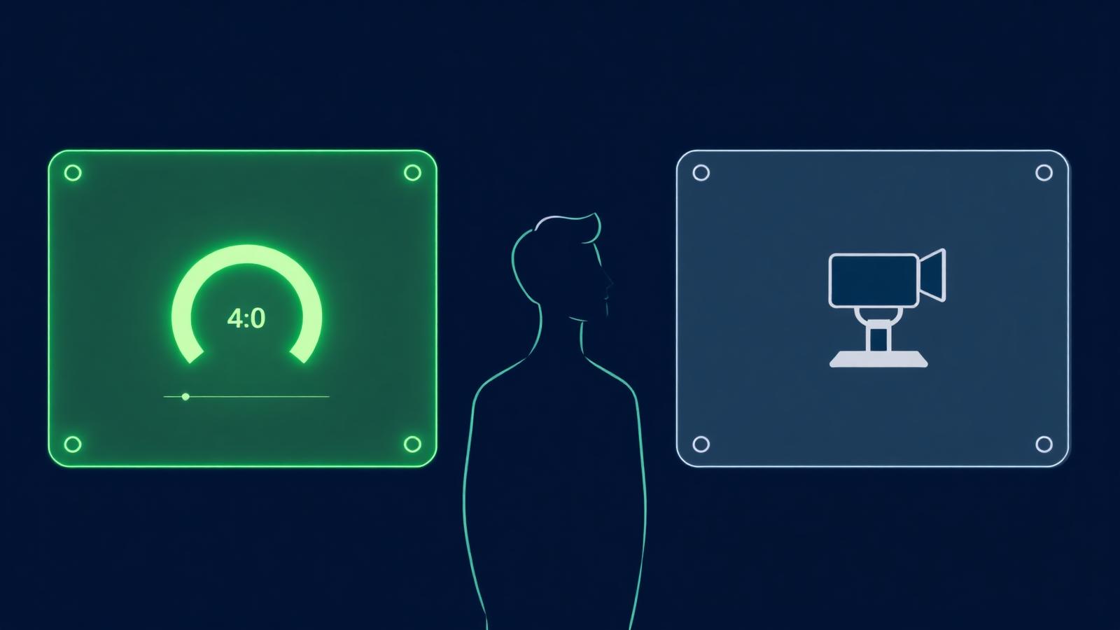 A silhouetted candidate standing between two glowing panels on a deep navy background — a cyber-green AI feedback score meter on the left and a traditional video-recording camera on the right.