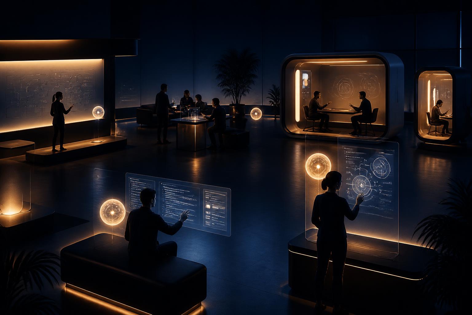 A futuristic minimalist training space on a deep navy background where professionals train at glowing interview booths, holographic AI orbs, translucent code panels and collaborative whiteboards instead of treadmills and dumbbells.