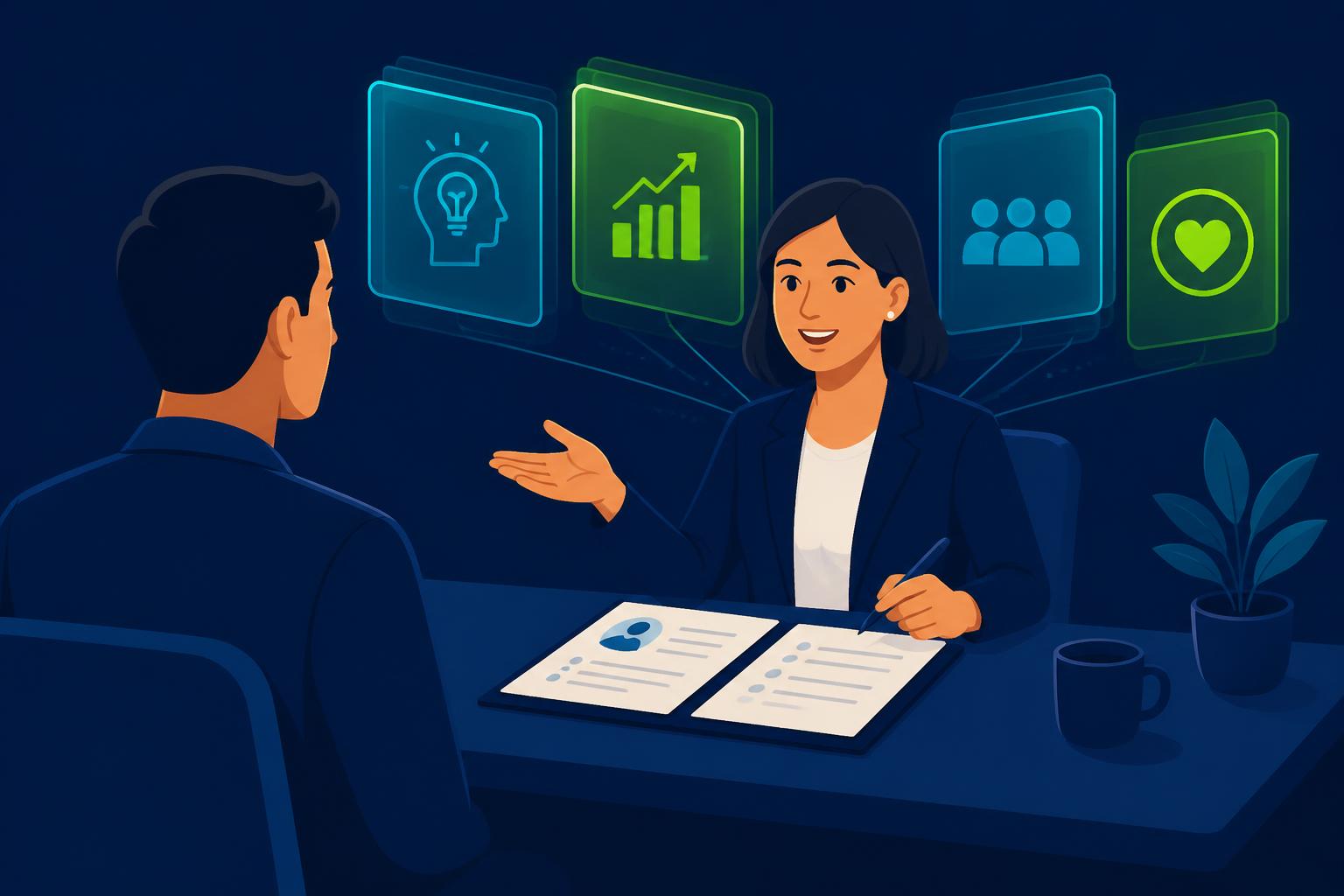 Editorial illustration on deep navy: an interviewer smiles across a table from a candidate with the candidate’s resume open in front of her, while translucent cyan and cyber-green panels behind her represent decision making, communication, judgement and trust.