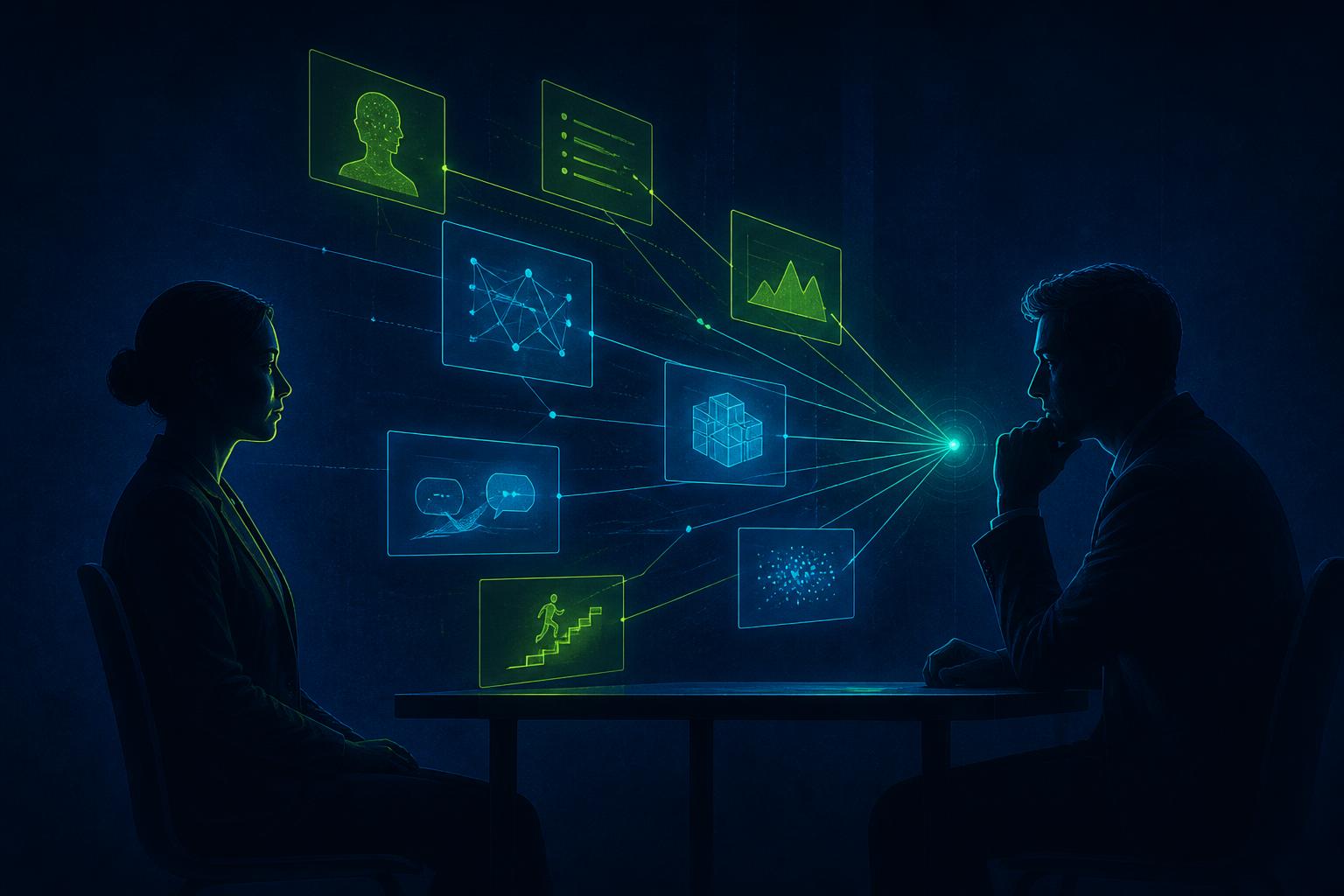 Editorial illustration on deep navy: a candidate and an interviewer face each other across a table while translucent cyber green and cyan panels representing skills, experience, problem-solving, communication and achievements converge toward a single glowing decision point.