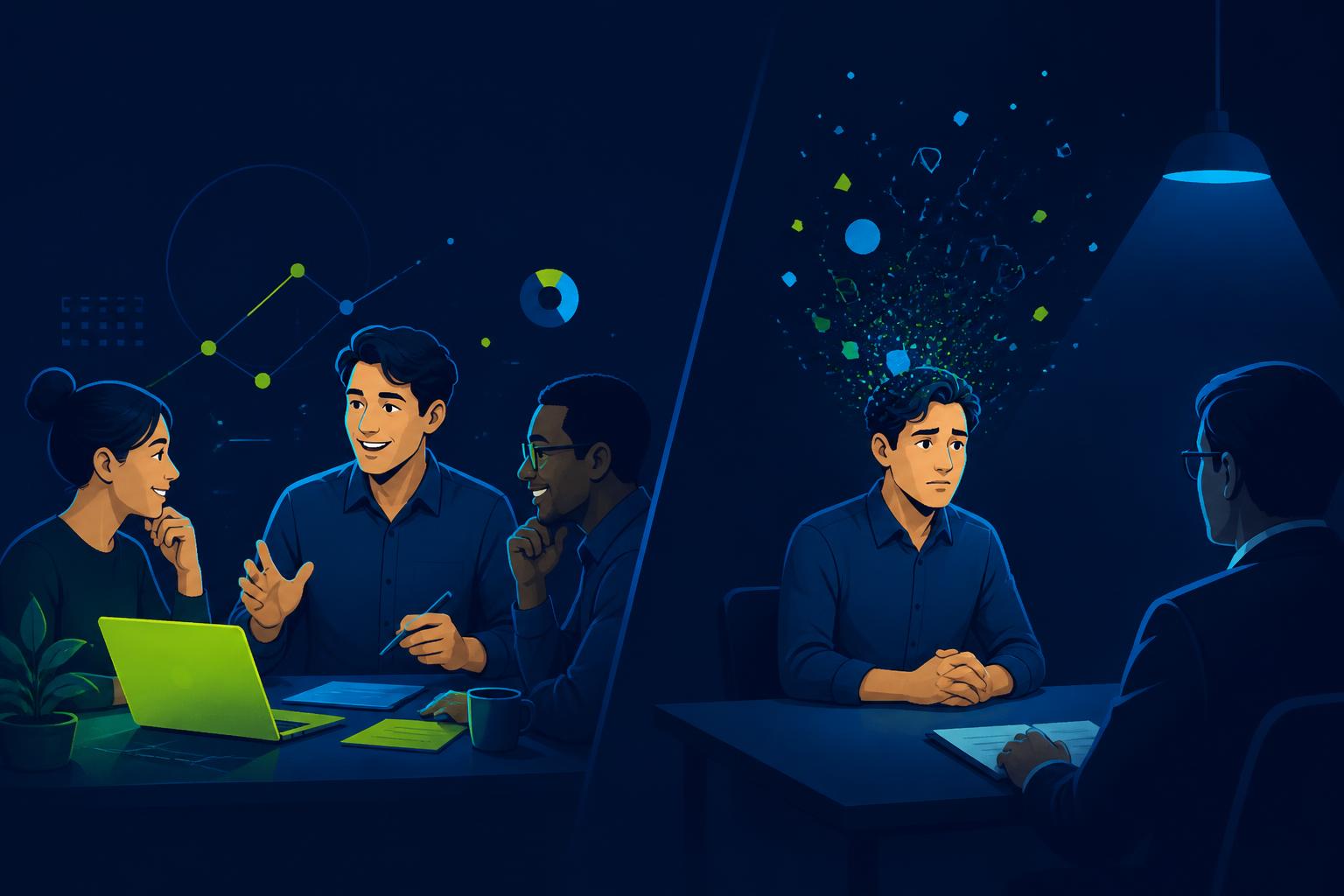Editorial illustration on deep navy: on the left a professional speaks confidently with colleagues, on the right the same person sits in an interview room as their ideas dissolve into cyan and cyber-green particles above their head.