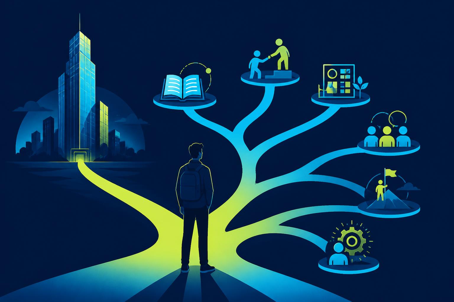 Editorial illustration on deep navy: a young professional standing at the start of a branching career path, one branch leading to a corporate skyscraper and others to learning, mentorship, projects, collaboration, leadership and skill development, in lime and cyan.