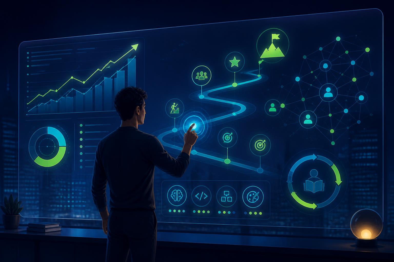 Editorial illustration on deep navy: a young professional stands at a glass board that doubles as a startup dashboard and a personal career roadmap — growth charts, skill icons, networking nodes, milestones and learning loops in cyber green and cyan.